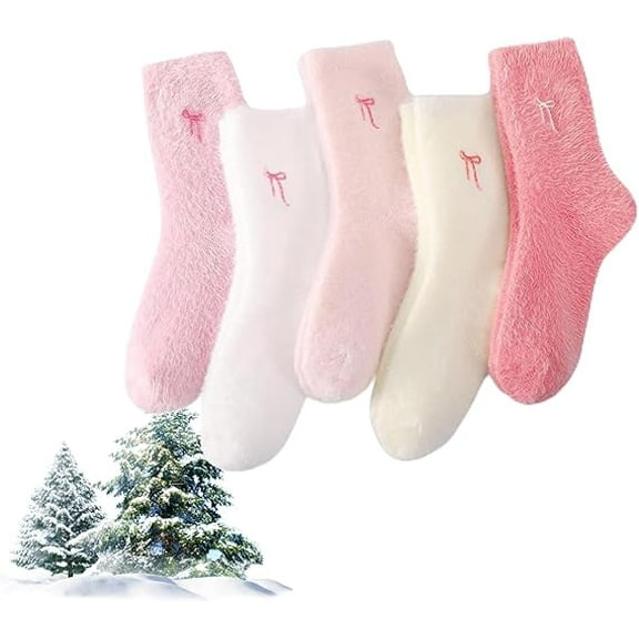 Women Bow Fuzzy Socks Fluffy Cozy Slipper Socks,5 Pairs Women's Bow Fuzzy Socks,Cozy Fluffy Warm Slipper Socks(Set A)