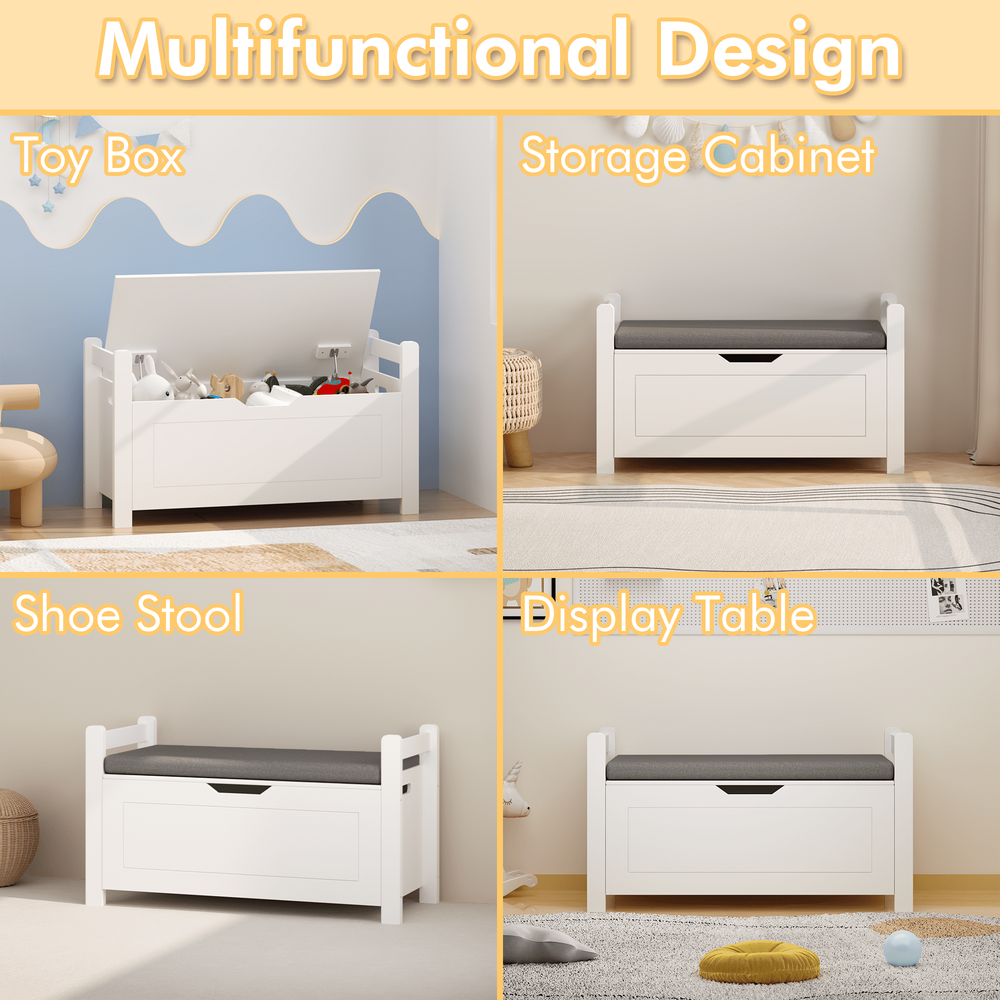 HOQBN Kids Toy Box Chest for Boys Girls,Large Toy Storage Organizer with Cushion Seat Bench,Flip-Top Lid & Safety Hinge for Nursery, Playroom,White