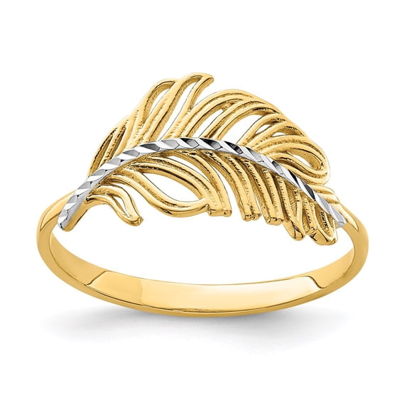 Solid 14k White and Yellow Gold Two Toned Feather Ring Band Size 7.5