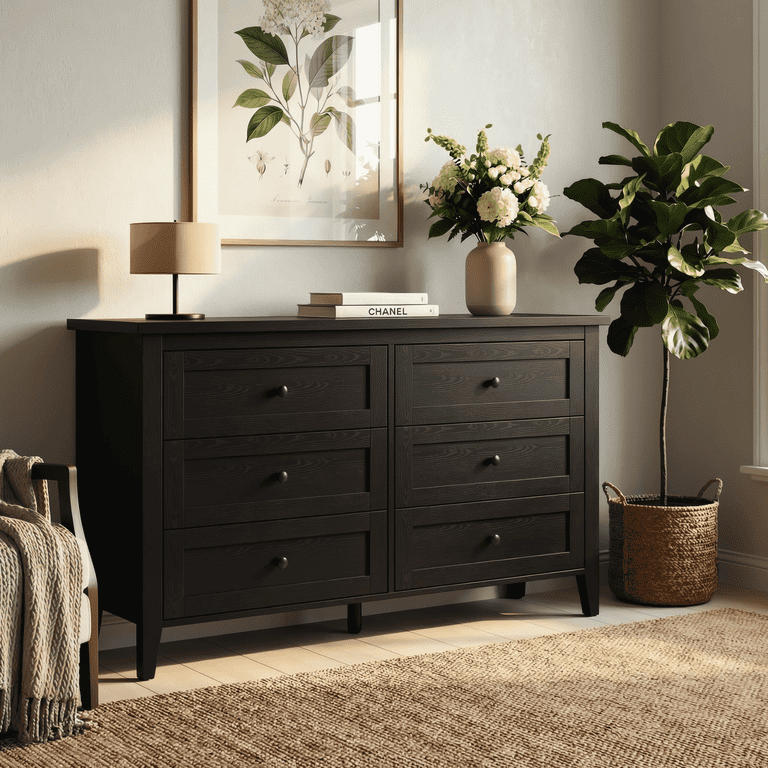black knobs dresser FUFU&GAGA Black 9-Drawer 55.1 in. Wide Dresser without Mirror with Metal Knobs and Smooth Drawers