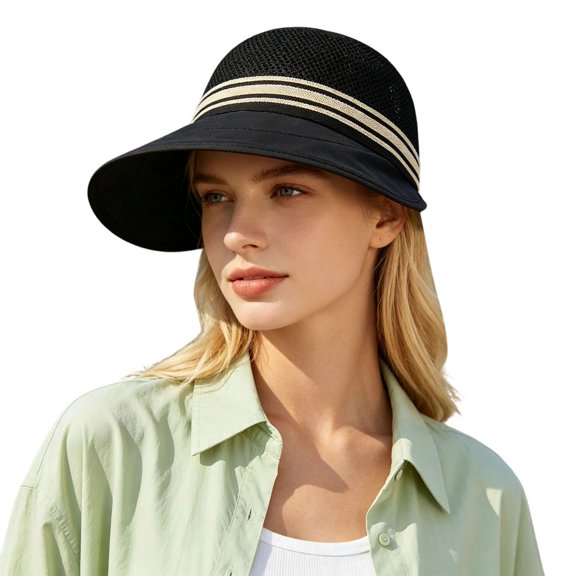 OOOUM Striped Knit Women Sun Hat For Women Wide Brim Breathable Beach Hat Summer Vacation Travel Outdoor Uv Protection Sun Hat Black