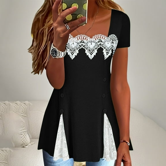 Women Tops under $5! Cagogo Short Sleeve Shirts for Women Square Neck Lace Tunic Tops Dressy Casual Work Tshirts Summer Flowy Tops Elegant Loose Tunics Fashion Tredny Outfits Clothes