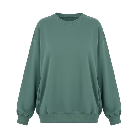 Women's Solid Round Neck Sweatshirt with Front Pocket Relaxed Long Sleeve Top