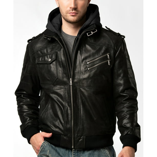 Mens Brown Real Leather Jacket with Removable Hood (XX-Large