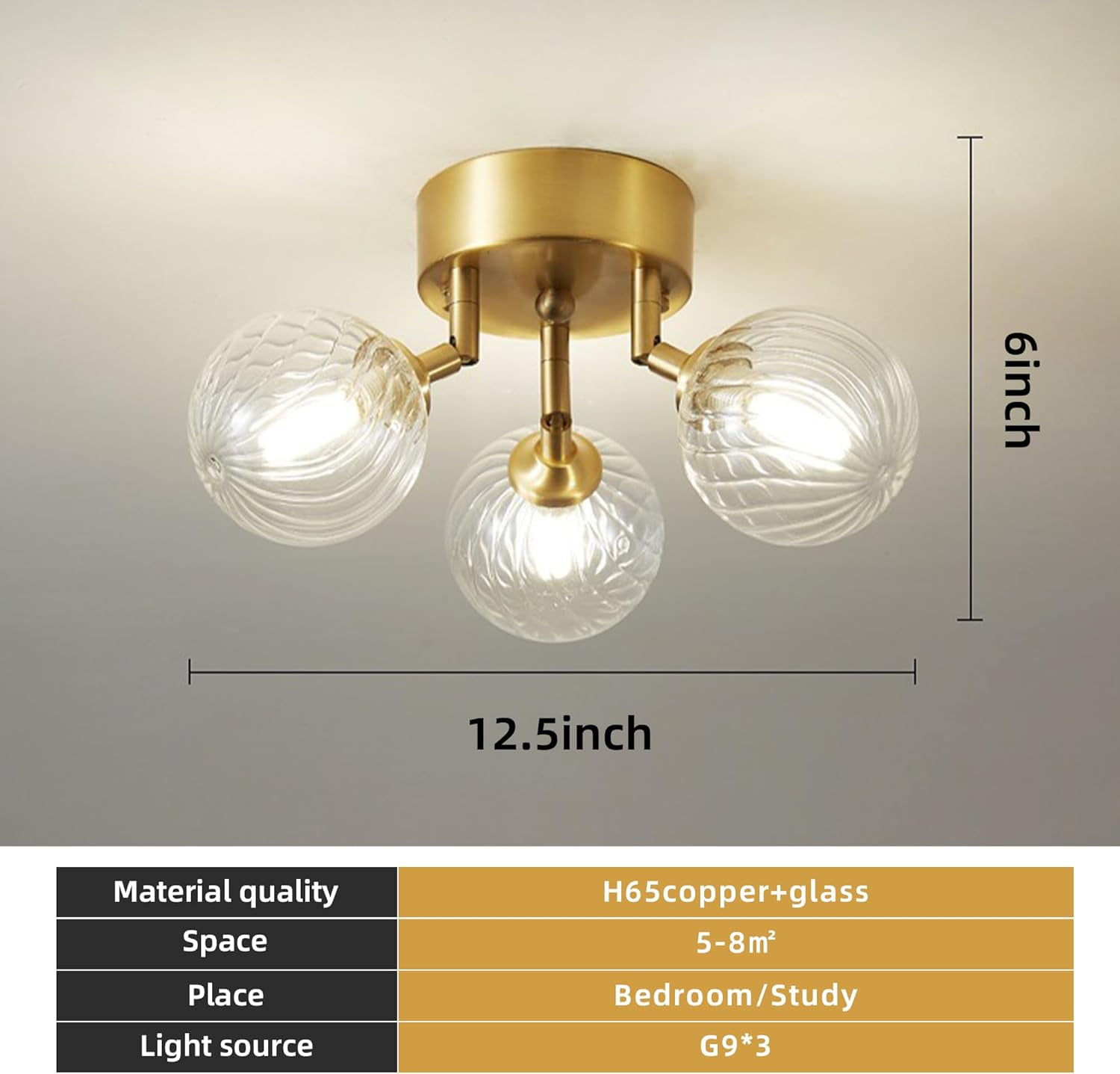 3-Light Globe Glass Close to Ceiling Light, Gold Hallway Flush Mount Light Fixture with Textured, Glass Lampshade for Bedroom Dinning Room (Bulb Incl.)