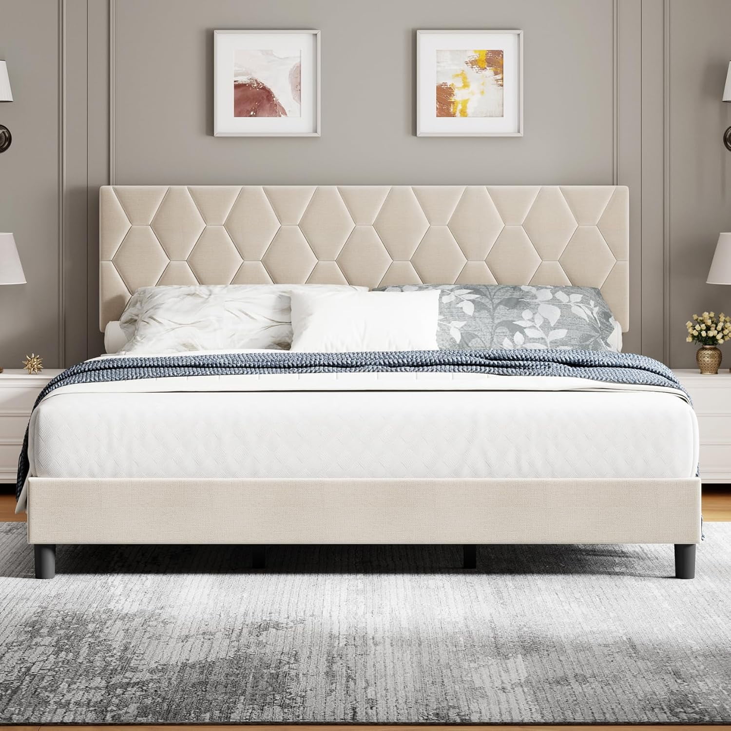 Rugerasy Twin Size Bed Frame with Upholstered Headboard,Heavy-Duty Platform Bed Frame with Strong Wood Slats,No Box Spring Needed/Noise Free/Easy Assembly,Beige