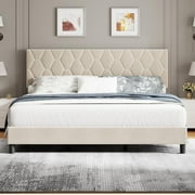 King Size Bed Frame with Headboard, Upholstered Bed Frame, Heavy-Duty Platform Bed Frame with Strong Wood Slats, Upholstered Mattress Foundation No Box Spring Needed