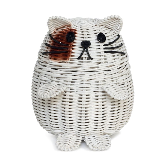 Cat Rattan Storage Basket with Lid Decorative Bin Home Decor Hand Woven Shelf Organizer Cute Handmade Handcrafted Gift Art Artwork Wicker Kitten
