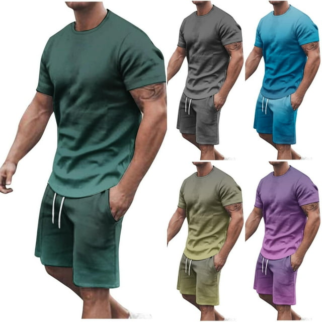 UVEASISHA Ensembles Courts Dégradés pour Hommes Grande Taille et Taille Forte 2 Pcs Tenues d'Été T-Shirt à Col Ras du Cou et Shorts à Cordon Liquidation Soldes d'Été Économies d'Été Vert Armée TTTG