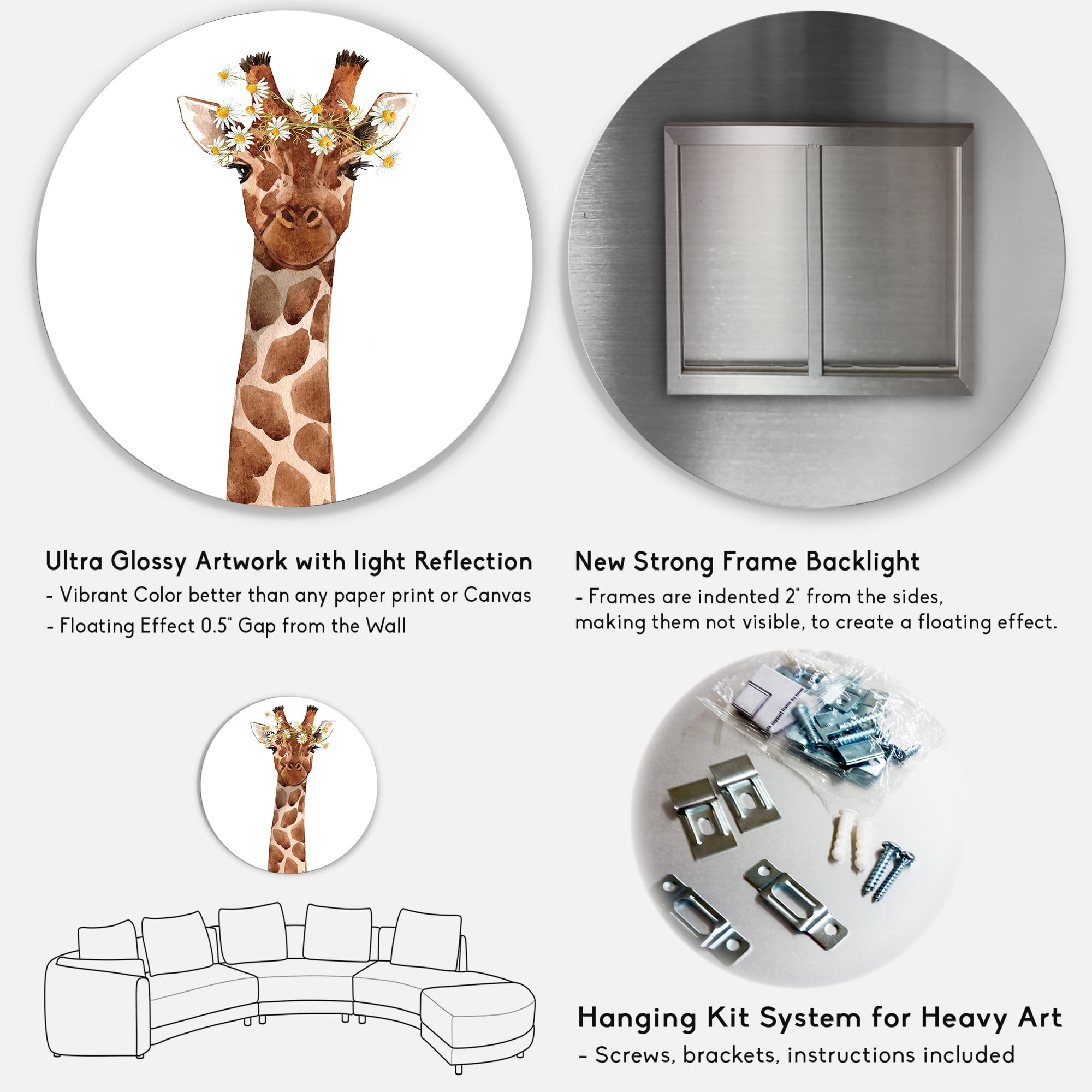 Designart 'Portrait of A Giraffe With White Flowers' Farmhouse Circle Metal Wall Art 23x23 - Disc of 23