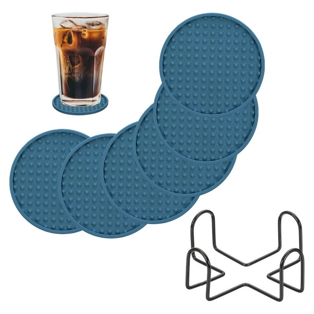 Juego de 6 Posavasos Redondos con Soporte, Antideslizante, Resistente al Calor, Azul Marino