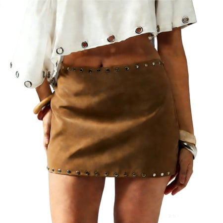 DGMIOCS Women s Suede Mini Skirt Detail Casual Western Boho Short Skirt for Daily & Night Out Gold L