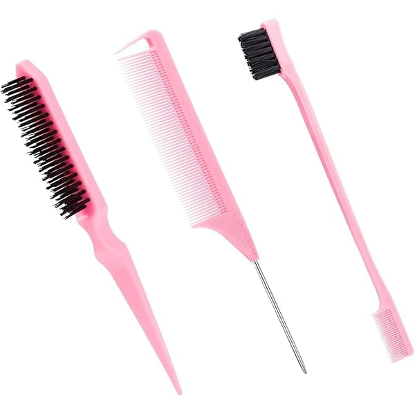 wonima44 3 Pcs Slick Back Hair Brush Set: Edge Control Brush, Rat Tail Comb & Bristle Brush for Sleek Hairstyles, Ideal for Girls, Kids & Toddlers to Create Ponytails, Buns & Tame Flyaways