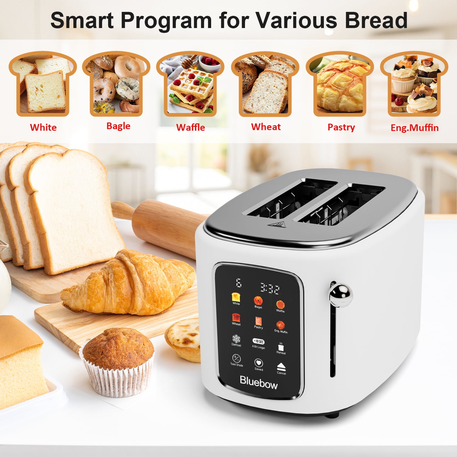 Bluebow 2-Slice Toaster with Touchscreen, 1.5" Wide Slots, 6 Bread Types & Shade Settings, Reheat, Defrost, Cancel, Removable Tray