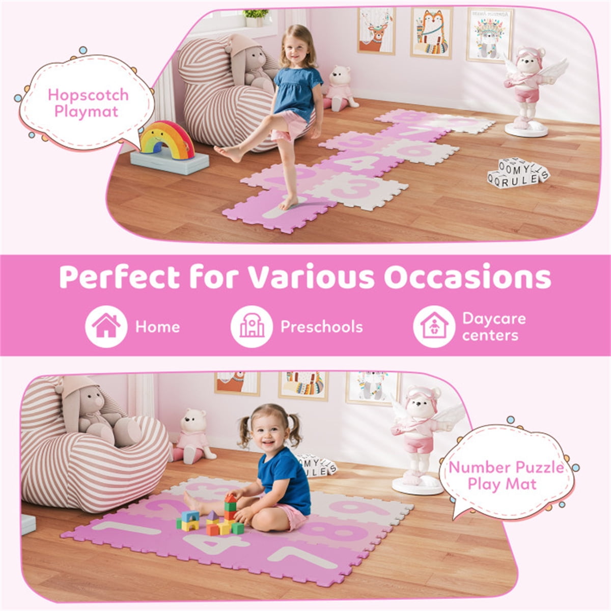 Colorful Kids Hopscotch Foam Mat 9 Interlocking Tiles 3 Marker Discs Non Slip Play Mat For Toddlers 10 Months Plus