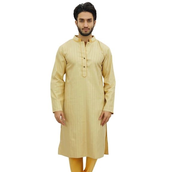 Atasi Men's Beige Kurta Pyjama Set Long Cotton Tunic Shirt Ethnic Wear-XXX-Large