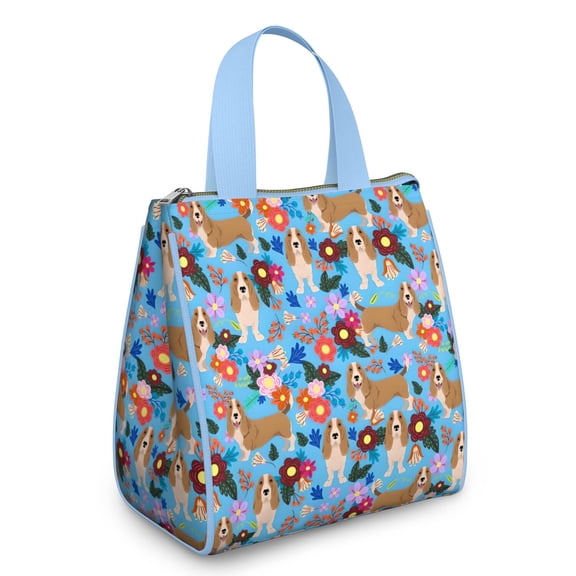 Basset Hound Dog and Flower Insulated Lunch Bag for Women & Adults,Large Portable Soft Cooler Lunch Bag,Thermal Food Storage Tote with Pearl Cotton,8.66L,8.75x5.75x9.5 Inch