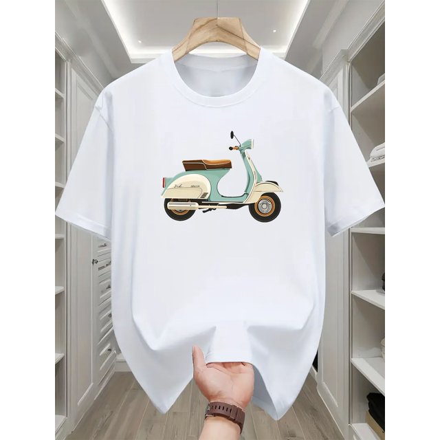 1pc Men's Casual Summer T-Shirt with Electric Scooter Print, Cotton Knit Fabric, Round Neck, Comfort Fit, Fashion Short Sleeve Top for Adults
