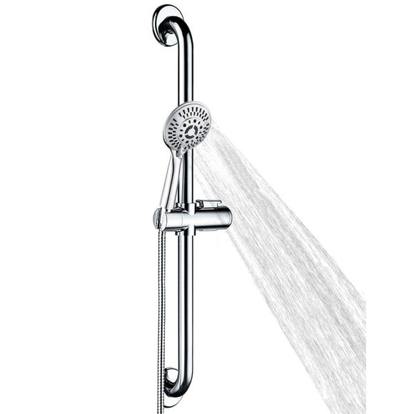 Stainless Steel Grab Bar Set – Includes Handheld Shower Head with extra long hose , shower head and hose chrome plated