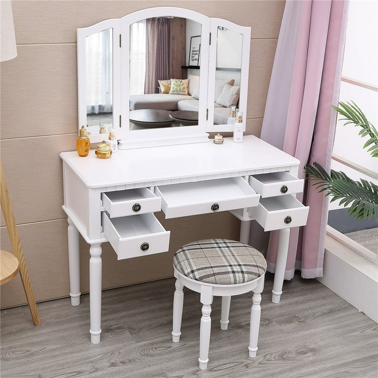 Makeup Vanity Set with Drawers Retractable Dressing Table Stool & Mirror  Included