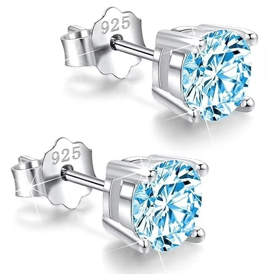 14K White Gold Plated 925 Sterling Silver Women's 2Ctw Round Cut Aquamarine Push Back Stud Earrings