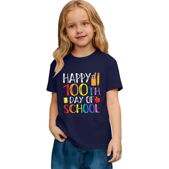 Boys Girls 100Th Day Of School For Kids Short Sleeve Child Happy 100 Days T-Shirt Navy 6 Y-7 Y