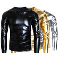 thumbnail image 3 of Men T-shirt Glossy Appearance Solid Color Long Sleeve Top V Neck Slim Fit T-shirt Nightclub Party Performance Costumes, 3 of 5