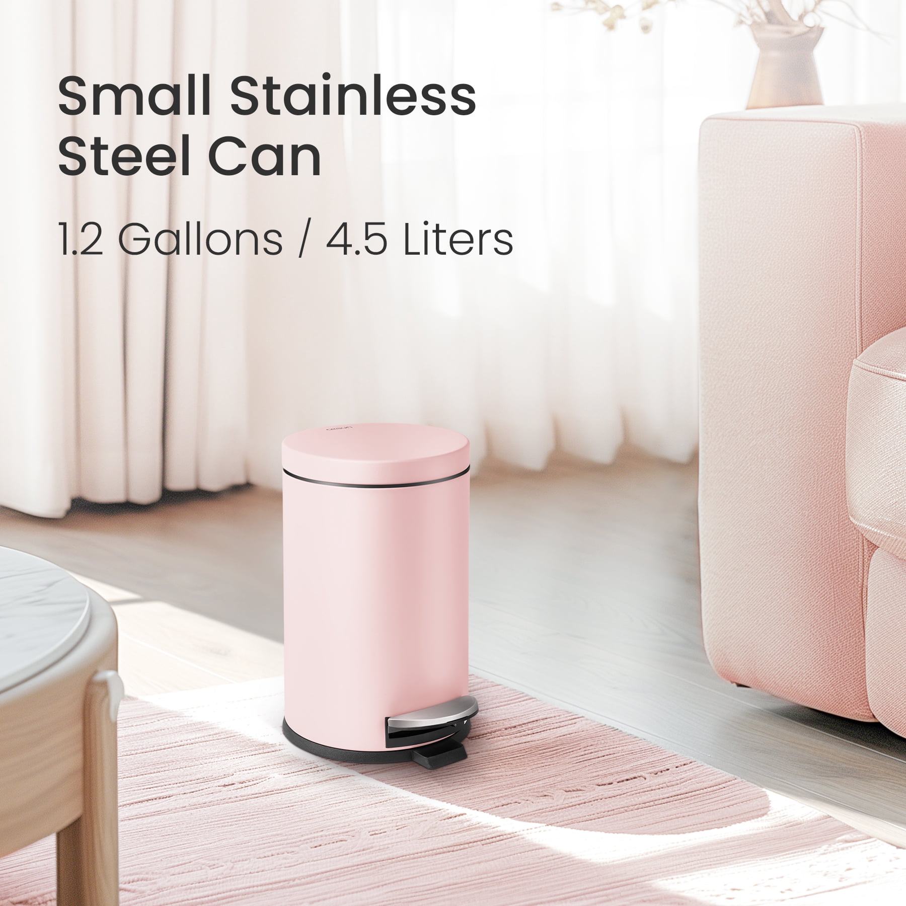 Cesun 1.2 Gallons Small Trash Can, Bathroom Garbage Can with Lid and Foot Pedal, Mini Round Wastebasket for Bedroom, Office, 4.5 Liters, Pink