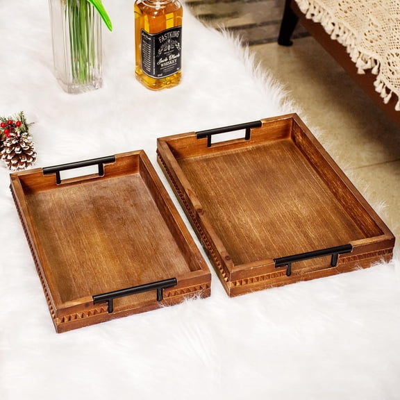 Wooden Set of 2 Serving Trays with Metal Handles Vintage Ottoman Tray 15 X 11 Wooden Retro Decorative Trays with Geometric Beads for Dinner & Home Decor (2paxk)
