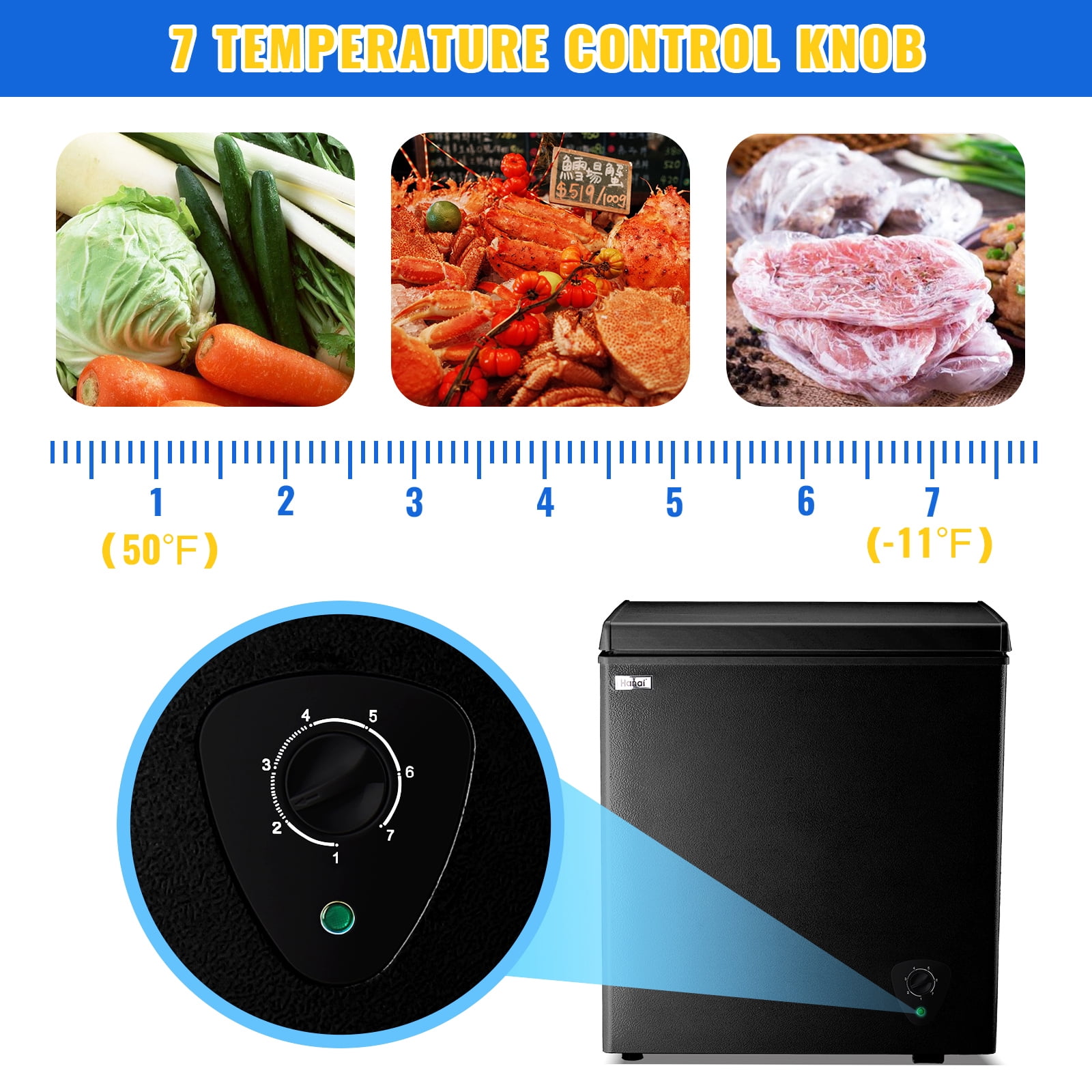 WANAI 5.0 Cu.ft Compact Freezer, Fast Cooling, Top Door Design, Energy-Efficient Deep Freezer Black