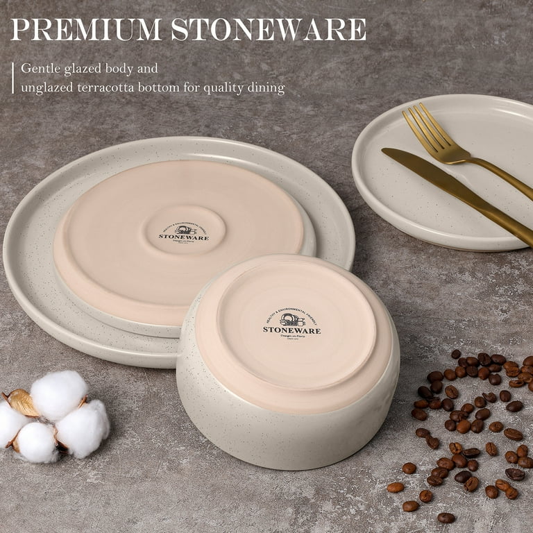Metflavor Earthsong 12-Pc Stoneware Dinnerware Set For 4 - Ribbed Caramel Dusk, Dishwasher & Microwave Safe