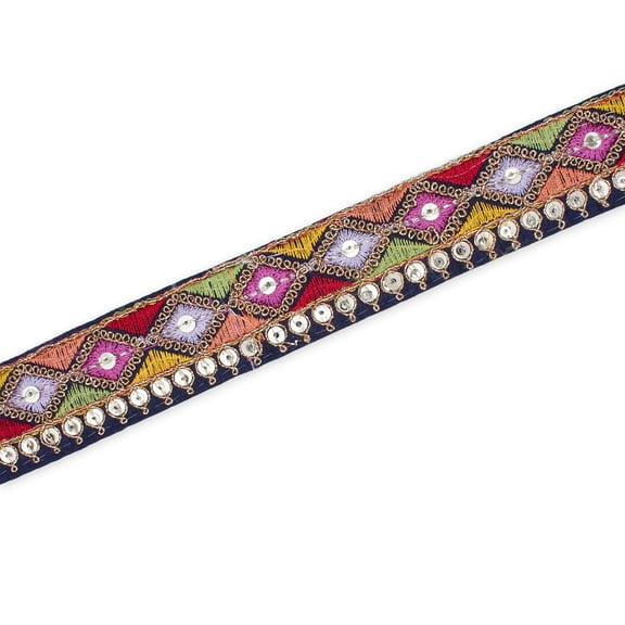 1.25 Inch Diamond Geometric Sequined Metallic Corded Embroidered Trim For Sewing, Upholstery & More - Navy Blue 1 Pack (9.8 Yards / 9 Meters)