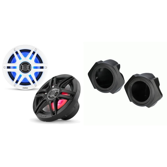 Clarion CMS-651RGB-SWB 6.5" Sport Grill LED Marine Speakers & Polaris RZR Front 6.5" Speaker Pods 2014-UP ( Except PRO XP)