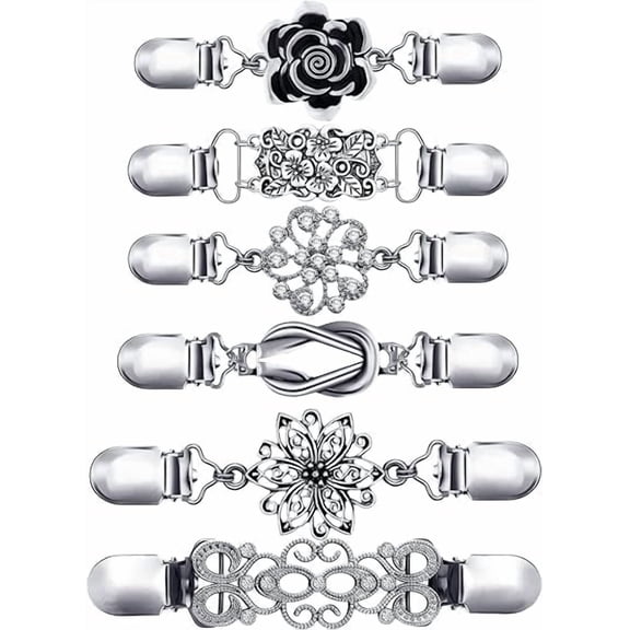 Vintage Shirt Dress Clips - 6 Pack Waist Cinching Clips for Cardigans, Shawls & Jackets | Decorative Brooch-Style Clothing Clips for Women