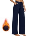 thumbnail image 2 of Lcziwo Fleece Lined Wide Leg Pants for Women Drawstring Casual Soft Loose Trousers Pockets Workout Fitness Yoga Warm Pants Navy,M, 2 of 9