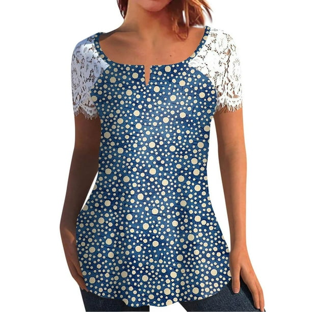 Mujeres Tops Casual verano encaje manga corta Split cuello túnica impresa camisetas camisetas Tops OAVQHLG3B Store lin121212