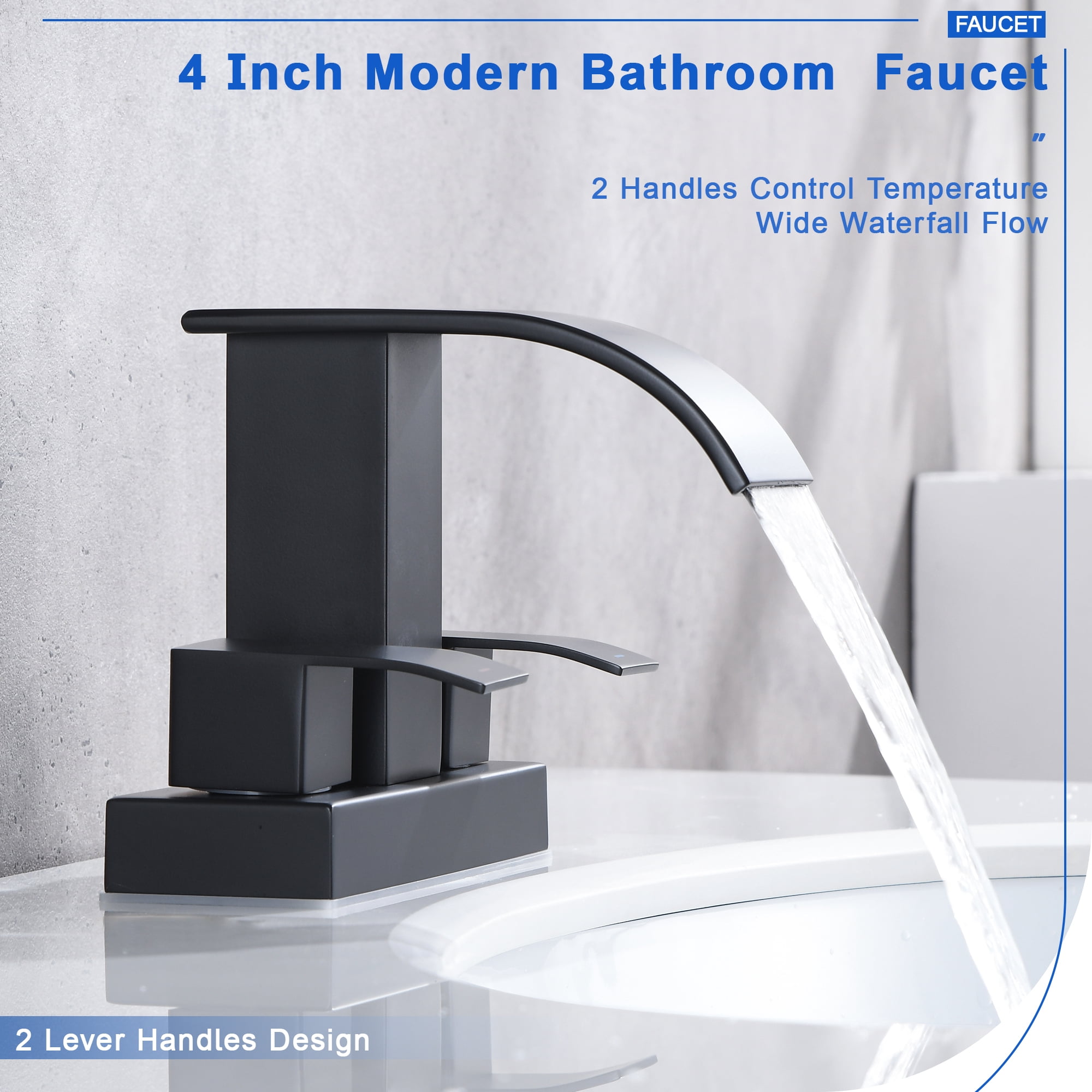 Black Waterfall Bathroom Sink Faucet with Pop up Sink Drain Stopper Overflow for Faucet Vessel, 4 Inch 2 Handles 2 or 3 Holes Centerset Faucet for Lavatory Bathroom Sink with Supply Lines