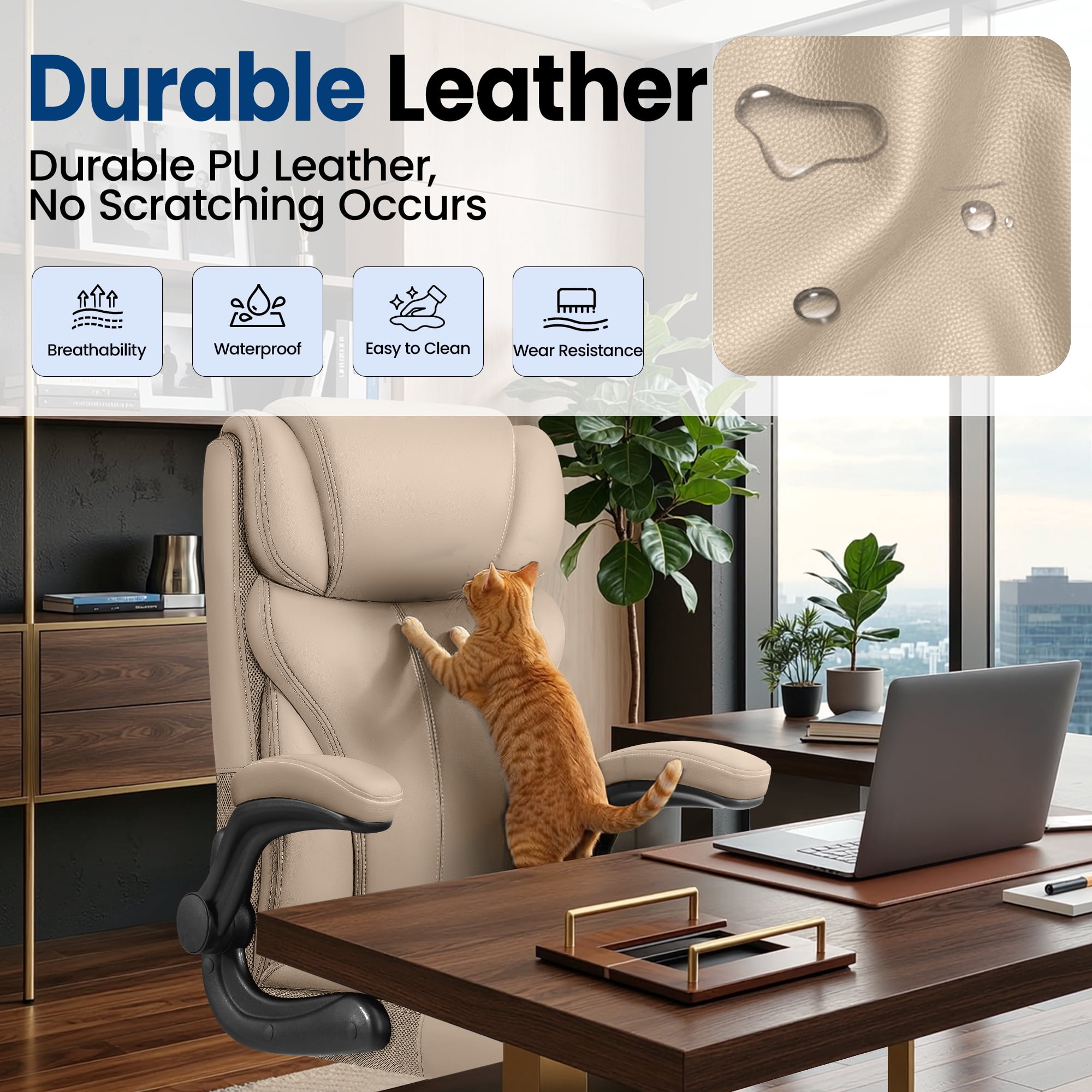 STACOO High Back Executive Office Chair 400lbs, Big and Tall Ergonomic Desk Chair with Lumbar Support & Flip-up Armrests, PU Leather Swivel Chair with Adjustable Height – Beige