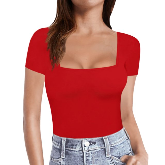 TSADFHJI Hauts Scintillants de Noël pour Femmes Fête T-Shirts à Manches Courtes à Manches Longues à Encolure Carrée Hauts Tees L Rouge