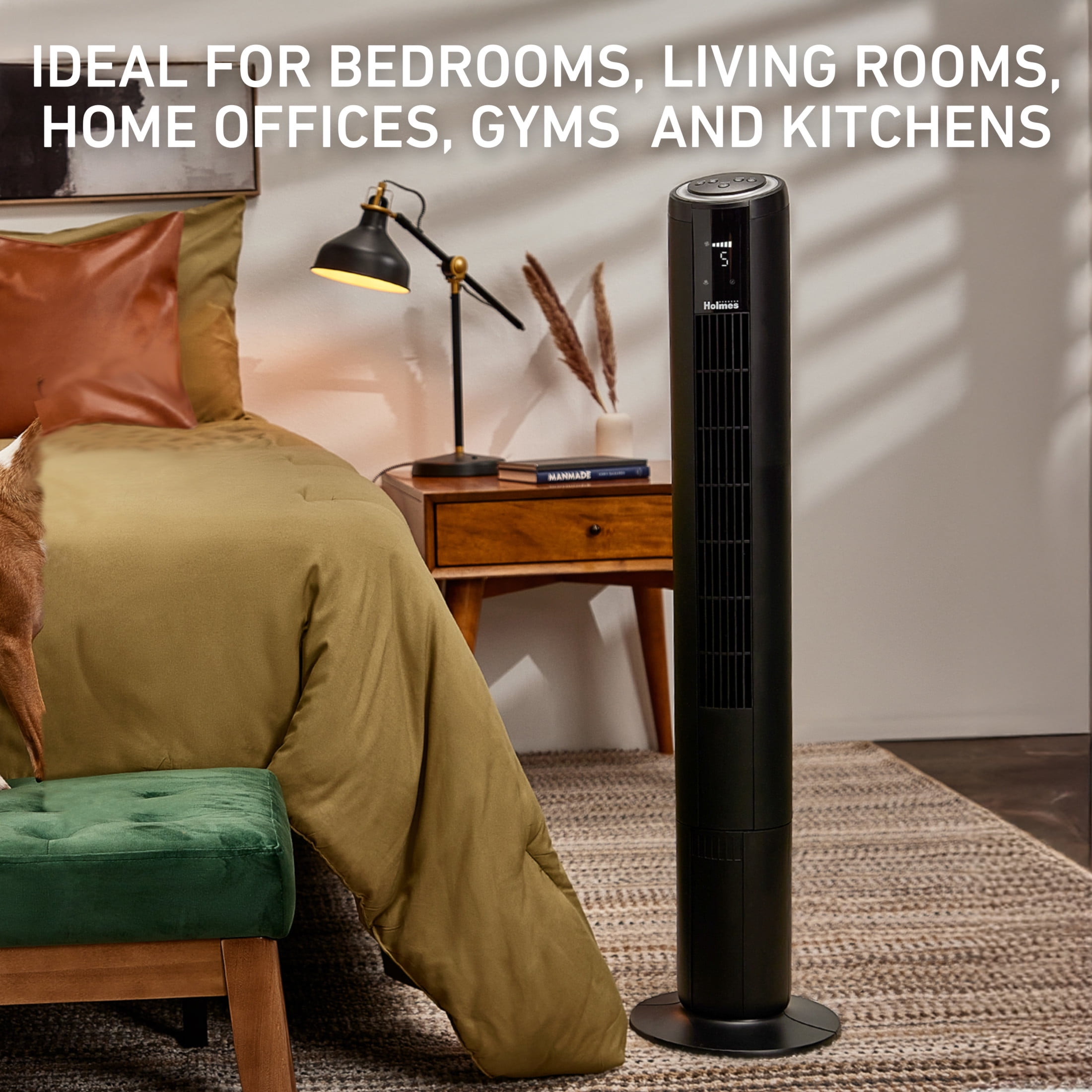 Holmes 42" Oscillating Digital Tower Fan, 5 Speeds, Remote Control, Matte Black
