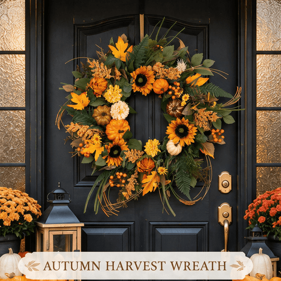 24-inch Artificial Fall Wreath for Front Door with Sunflowers, Pumpkins, Berries and Maple Leaves, Autumn Harvest Decor