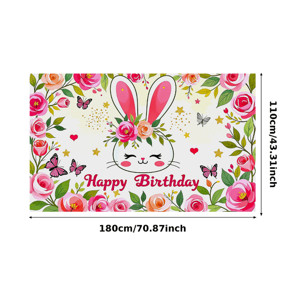 Adorable Bunny Themed Happy Birthday Banner with Floral Butterfly Decors Party Backdrop Photography Props Birthday Party Decorations Background