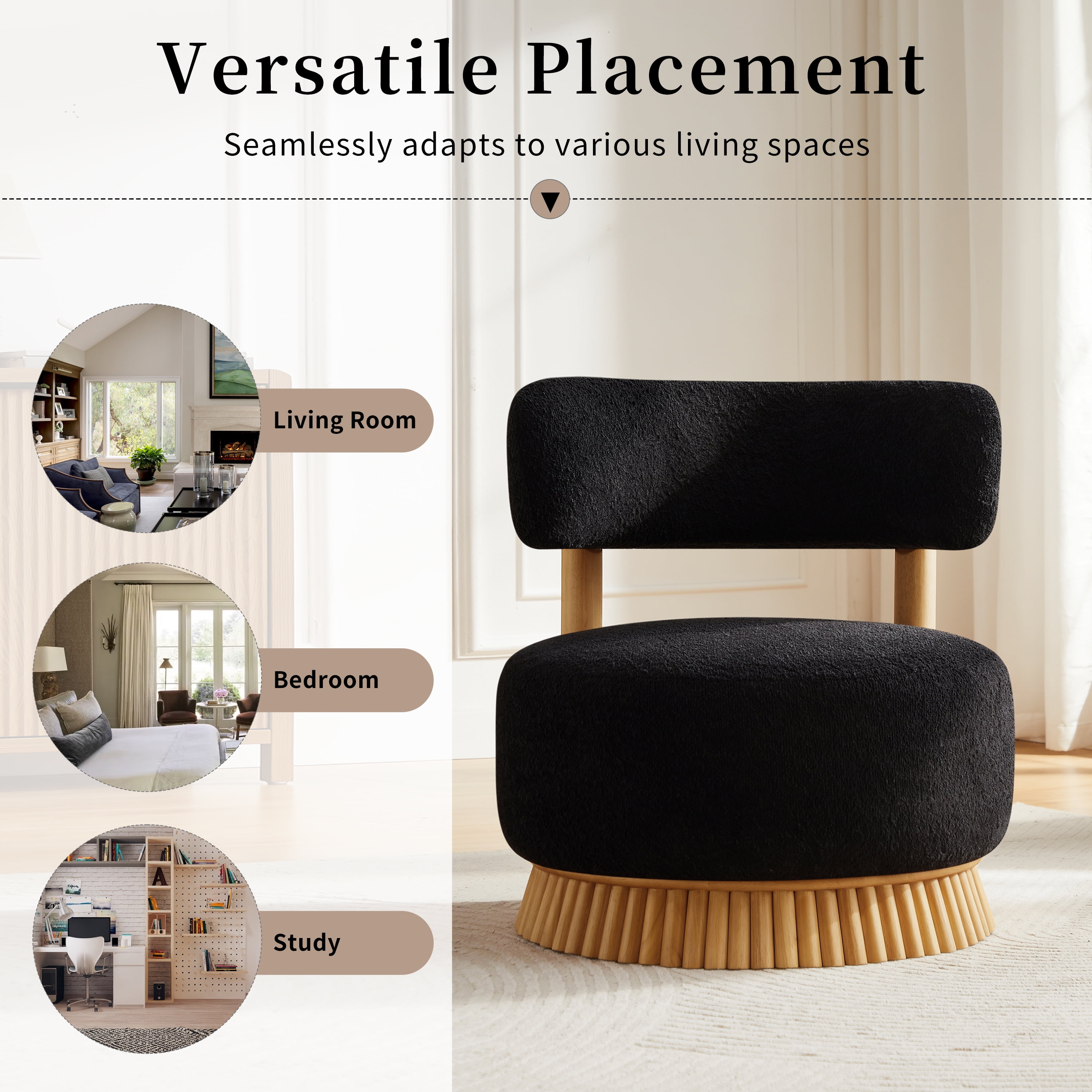 Euroco Farmhouse Armless Chair, Cozy Upholstered Armless Lounge Chair with Thatched Roof Rod Design and Wood Frame,Fabric Comfy Reading Chair for Bedroom,Living Room,Black
