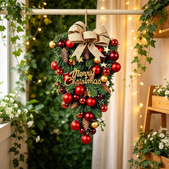 DXSSXC Christmas Teardrop Wreath Hanging Wall Decor with Ornaments Bow for Front Door Holiday Party Home Decorative Gift Family Present Festive Supplies