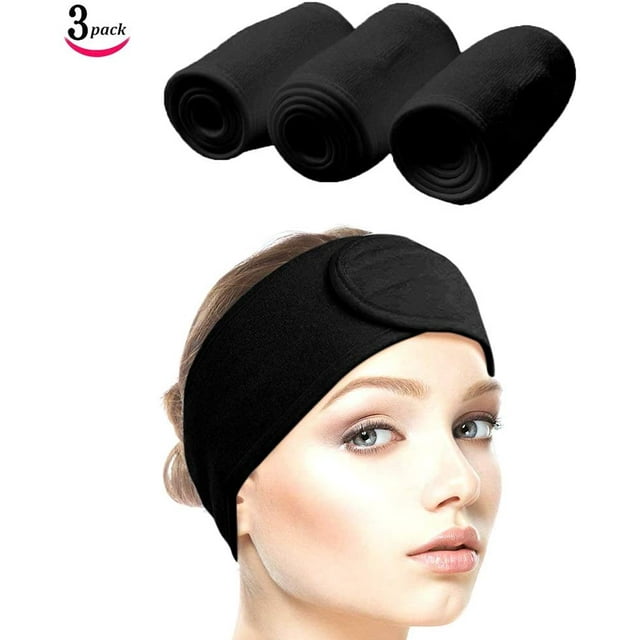 Bandeau pour Maquillage, Bandeau Cosmétique, Éponge en Éponge, Bande de Protection des Cheveux Réglable avec Attache, Lot de 3 (Noir)