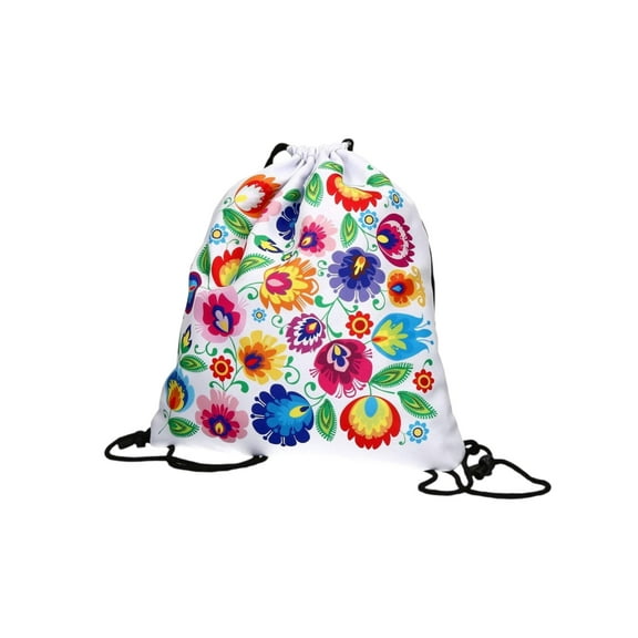 Polish Folk Art Floral Drawstring Sport Backpack, Lowicz White