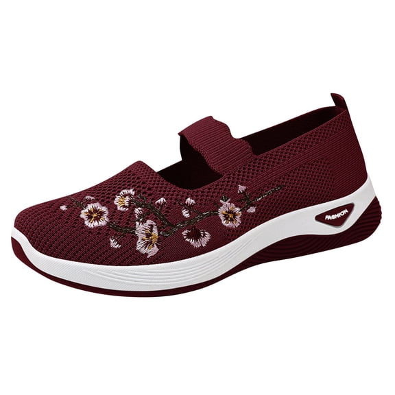 Knit Slip On Sneakers For Women Plum Blossom Embroidered Hollow Out Shoes Fly‑Knit Platform Soft Sneakers Breathable Lightweight Non‑Slip Wedge Casual Walking Shoes Comfort Daily Mom Footwear