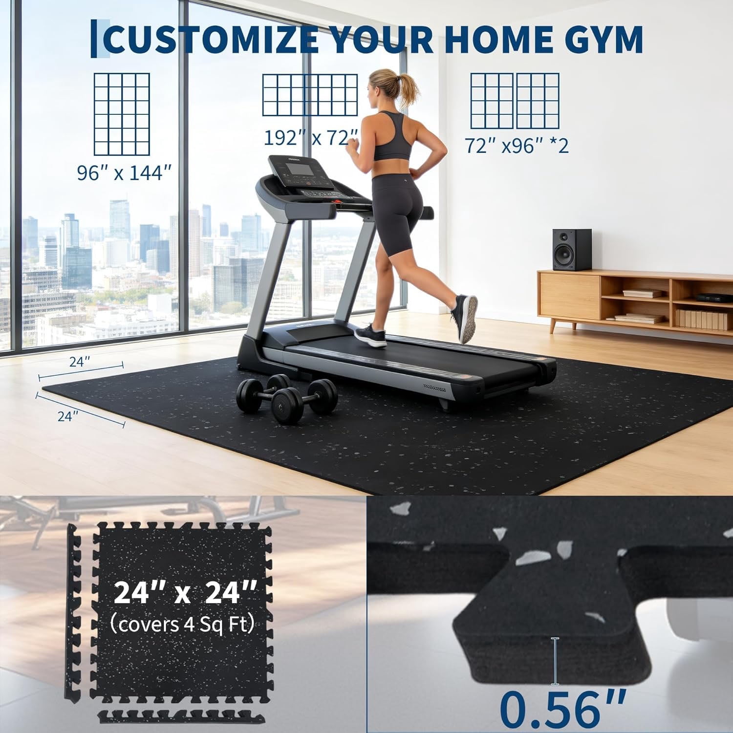 Studyset 0.56" Thick 48 Sq ft Exercise Mats,Rubber Top Gym Flooring, 12 Tiles Rubber Top 24"X24" Interlocking Puzzle Gym Flooring with High Density EVA Foam for Home Gym