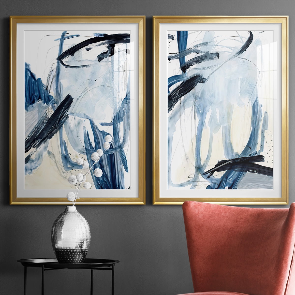Wexford Home Indigo Swash I Premium Framed Print, 30.5" x 42.5" - Ready to Hang, Gold (Set of 2)