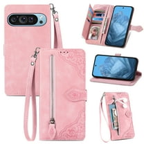for Google Pixel 9 Pro XL Wallet Case for Men Women, Embossed PU Leather Magnet Buckle Card Slots Zipper Pocket Lanyard Wrist Strap Handbag All-inclusive Protective Case, Pink